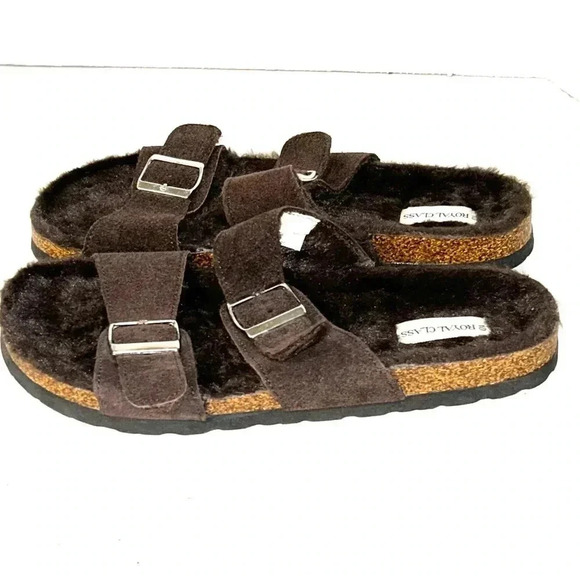 Royal Class Shoes Sz 10 Suede Leather Faux Fur Footbed Sandals Adjustable Brown - Picture 3 of 10
